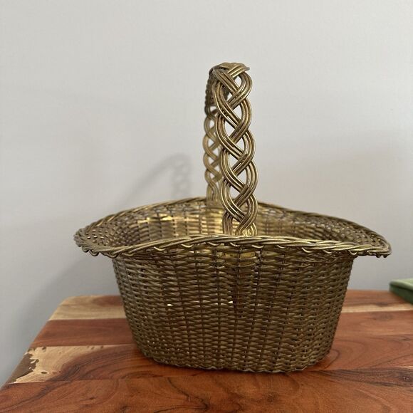 Vtg Solid Brass Woven Basket Weave Braided Handle Home Decor Victorian Cottage